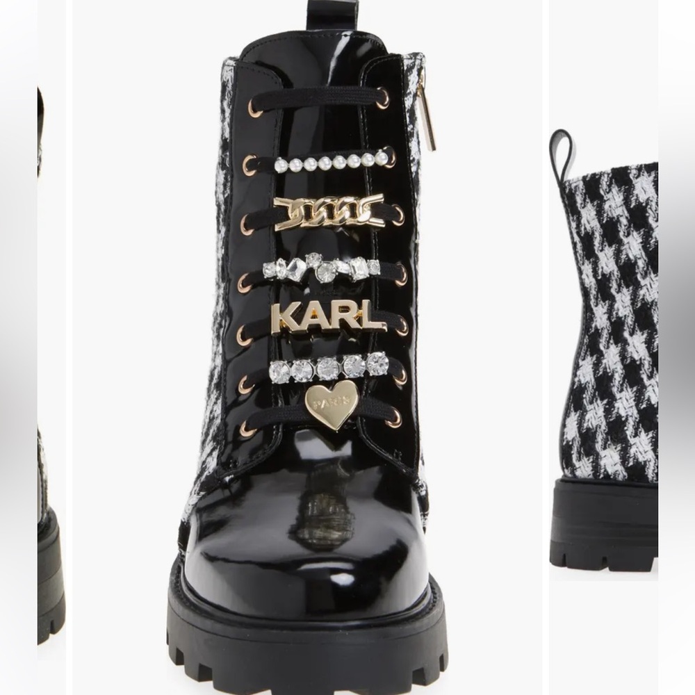 Karl Lagerfeld Black and White Houndstooth Combat Boots - Picture 3 of 6